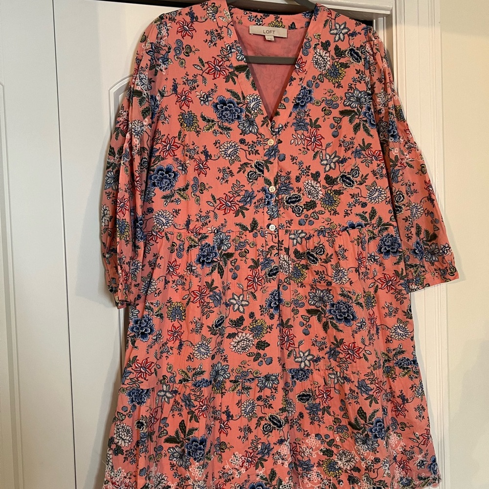 LOFT Coral Pink Floral Tiered Midi Dress with Blue Accents